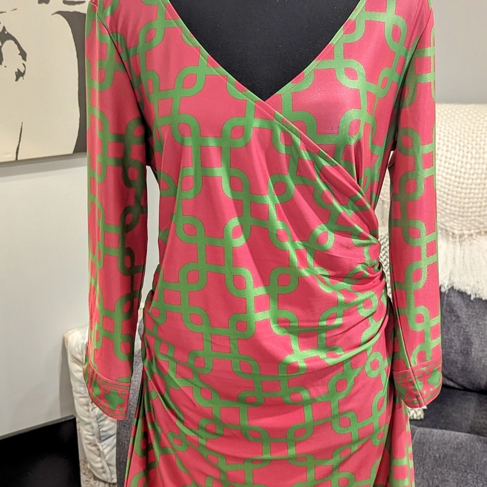 Gretchen Scott Faux Wrap Jersey Side Ruched Pink Green Shift 3/4 Sleeve Dress